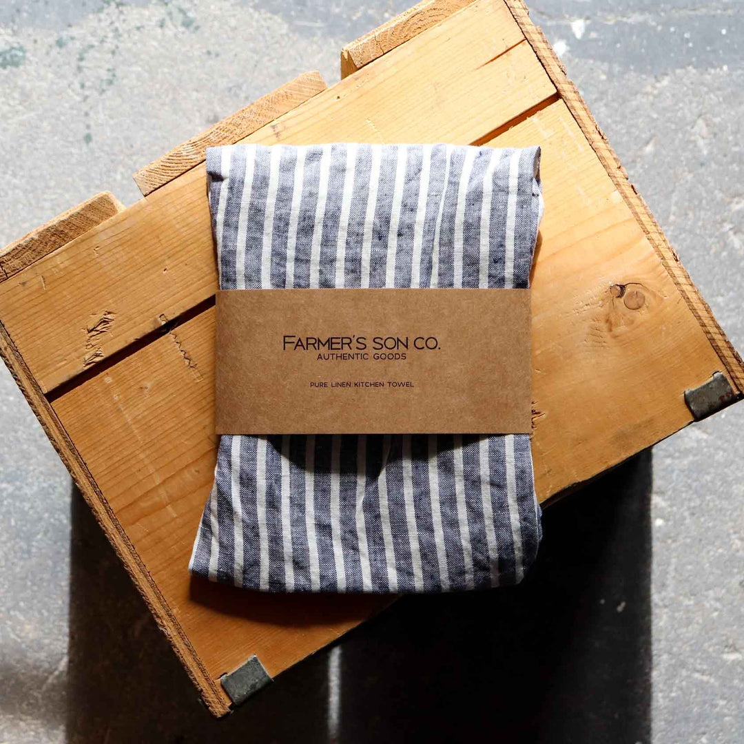 Blue + white ticking linen kitchen towel from Farmer's Son Co.