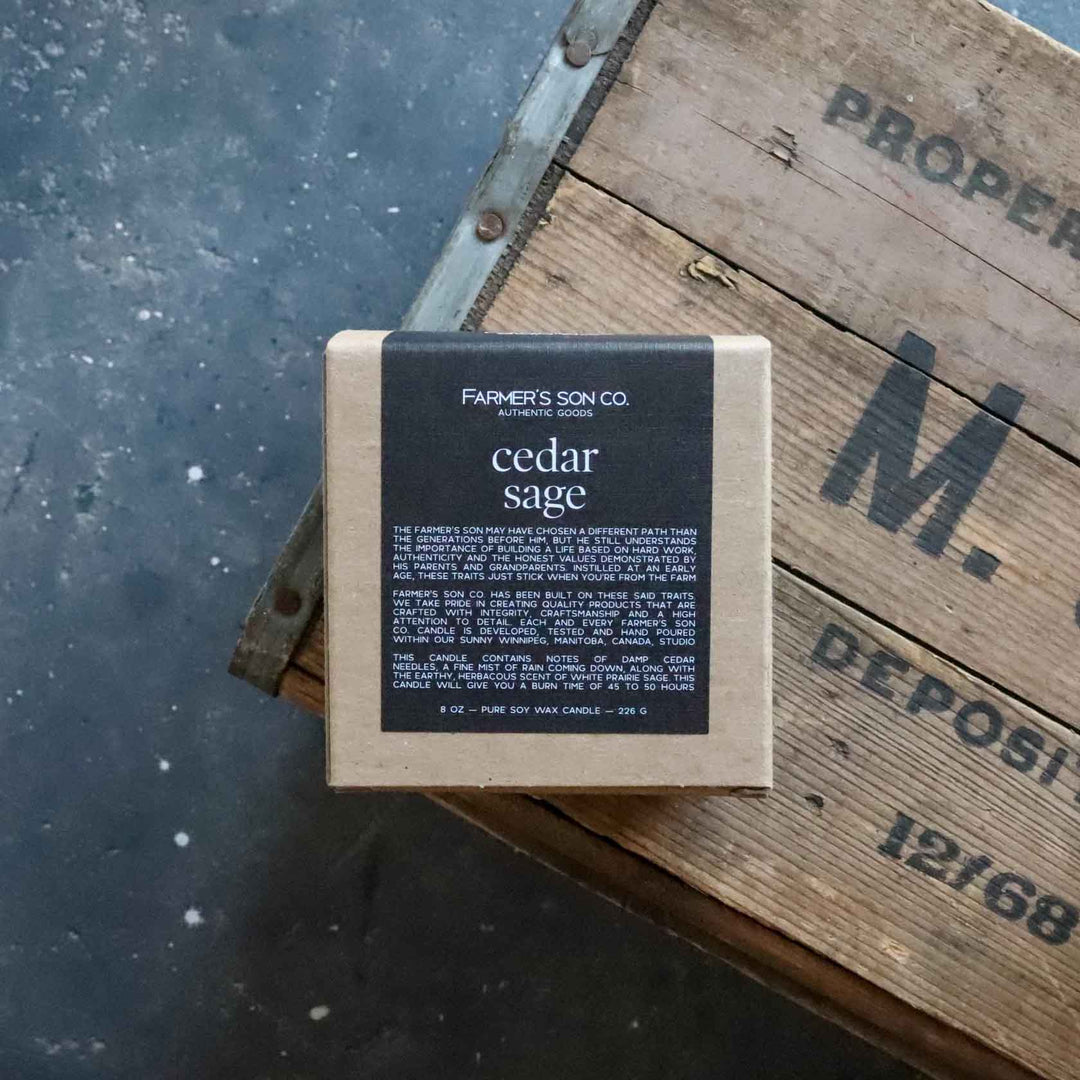 Cedar + Sage 8oz scented candle from Farmer's Son Co.