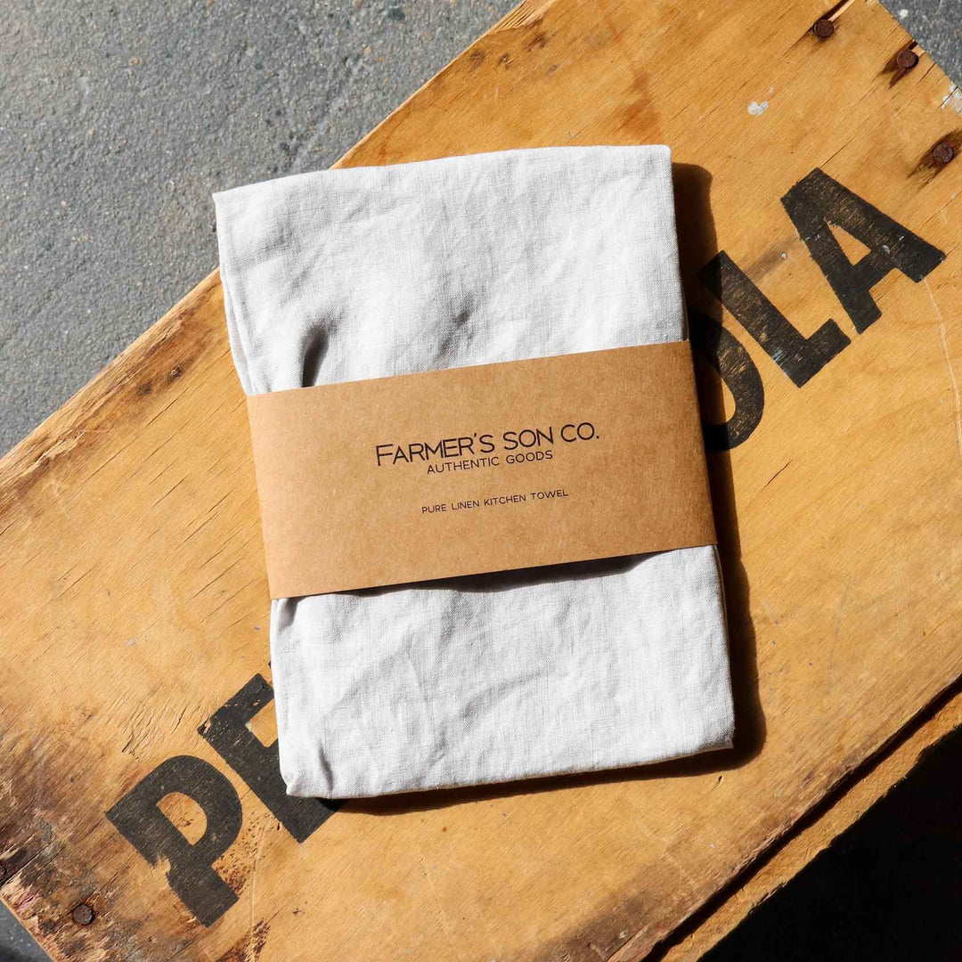 Light grey linen kitchen towel from Farmer's Son Co.