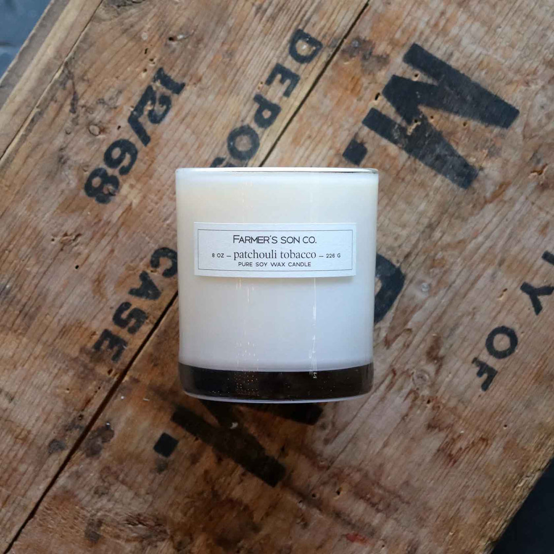 Patchouli + Tobacco 8oz scented candle from Farmer's Son Co.