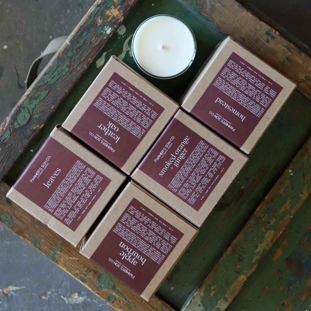 Crate of Farmer's Son Co. candles