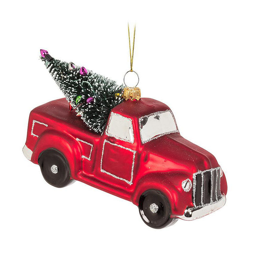 Red truck with Christmas tree in trunk ornament