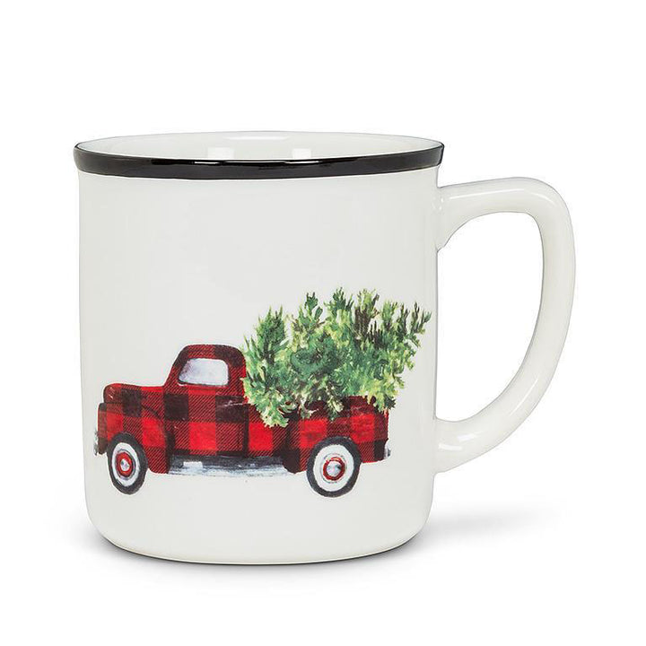 Buffalo check truck mug with Christmas tree in trunk 