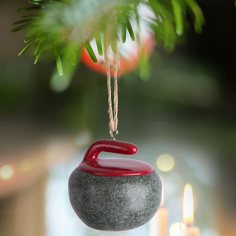 Curling Rock Ornament hung on Christmas tree