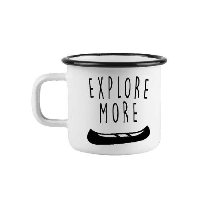 Explore More enamel mug with black canoe design