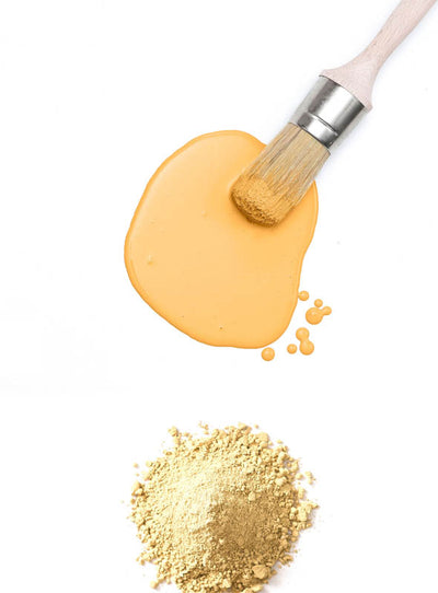 Fusion Milk Paint  Mod Mustard flat lay with brush