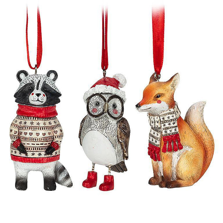 Raccoon, owl and fox Christmas tree ornaments