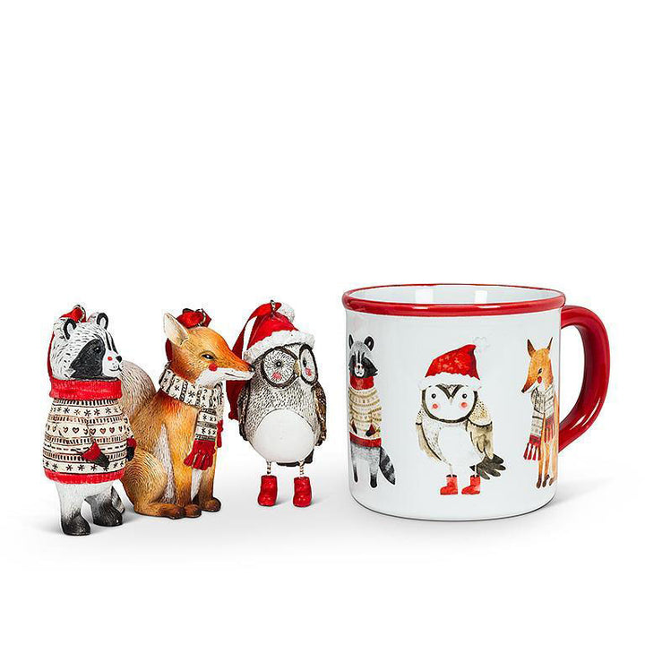 Raccoon, fox and owl Christmas tree ornaments with mug