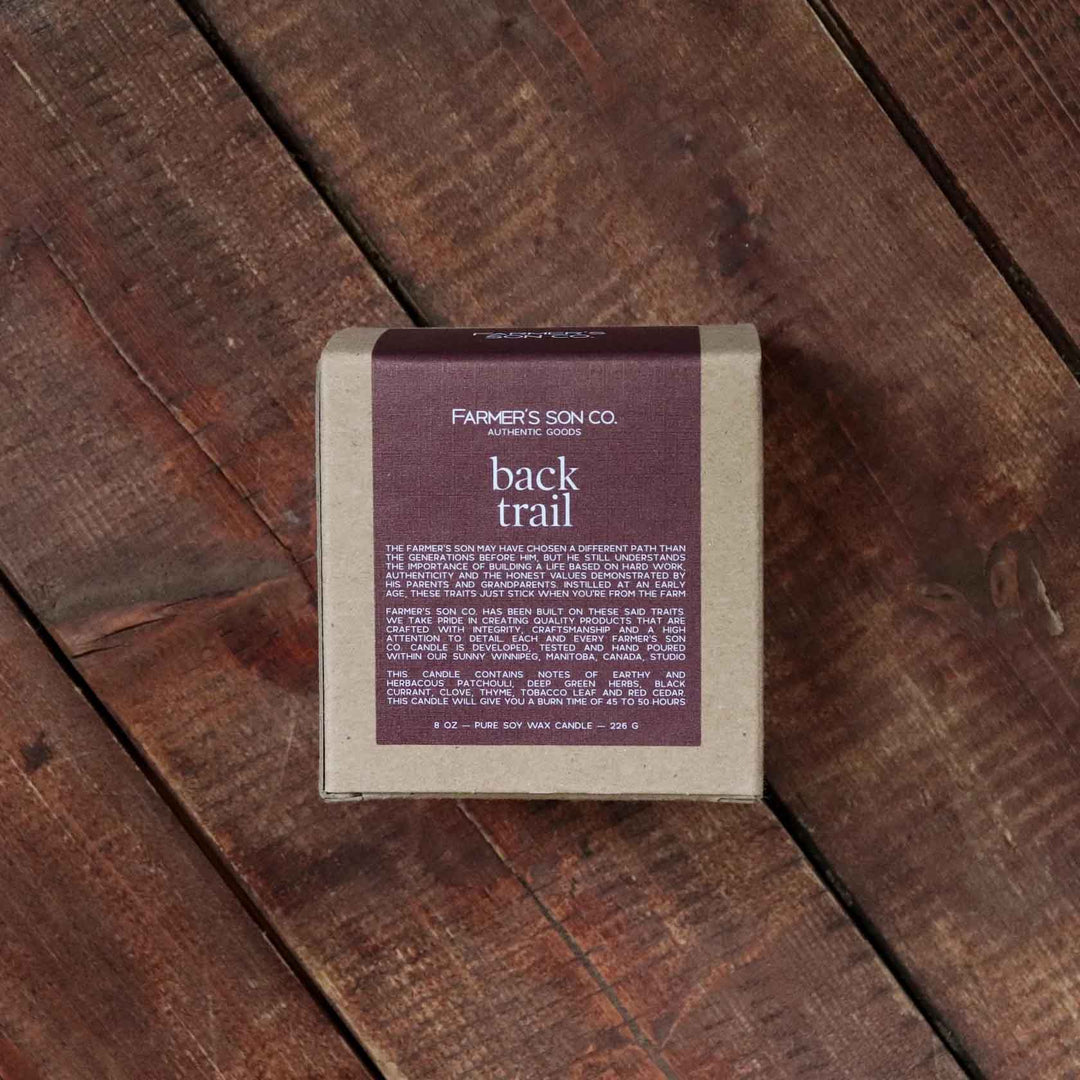 Back trail 8oz scented candle from Farmer's Son Co.