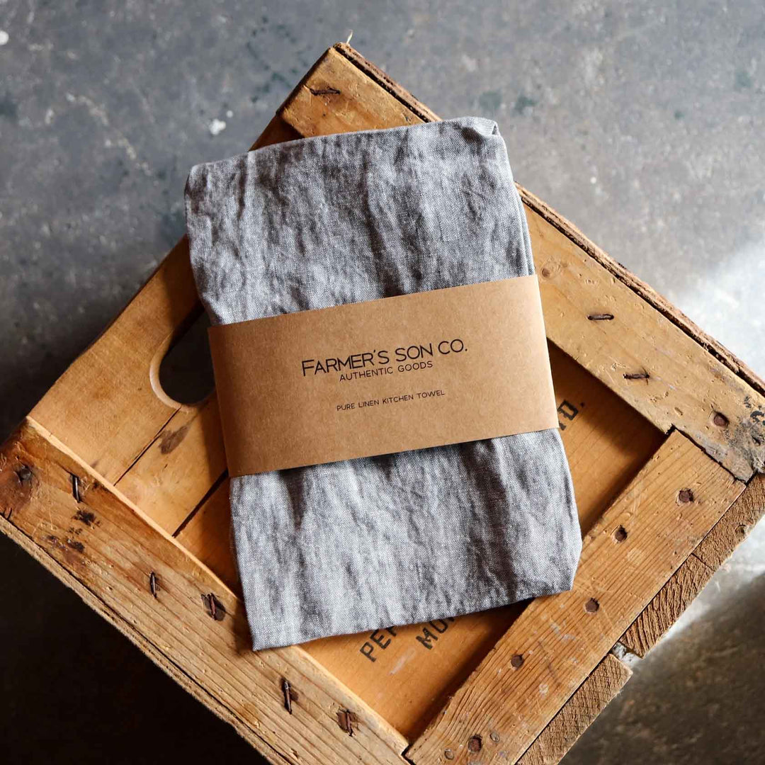 Grey chambray linen kitchen towel from Farmer's Son Co.