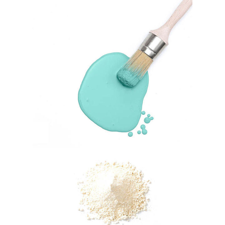 Bright aqua paint and brush flat lay from Fusion Milk Paint