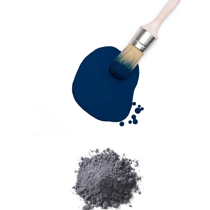 Deep blue paint and brush flat lay from Fusion Milk Paint