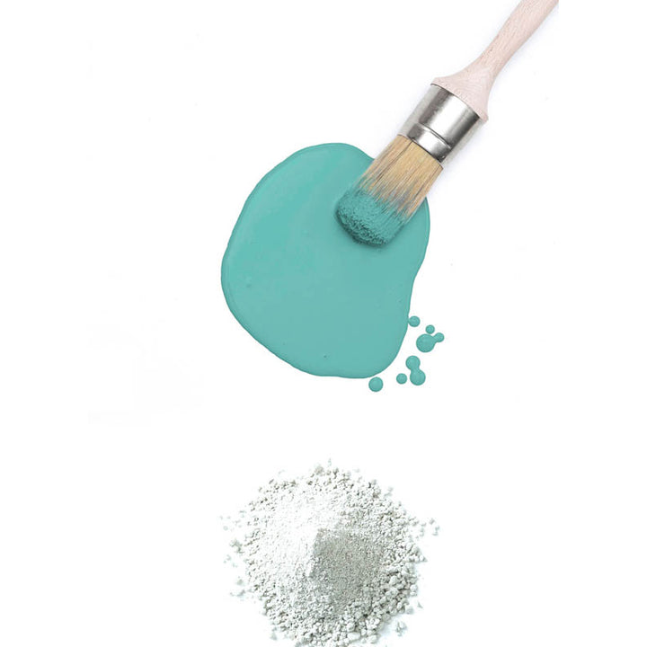 Blue green paint and brush flat lay from Fusion Milk Paint