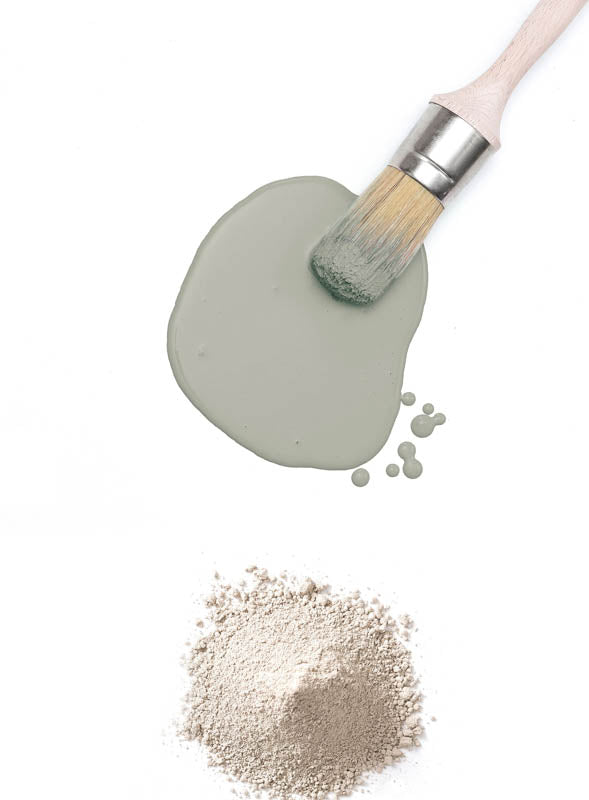 Neutral green paint and brush flat lay from Fusion Milk Paint