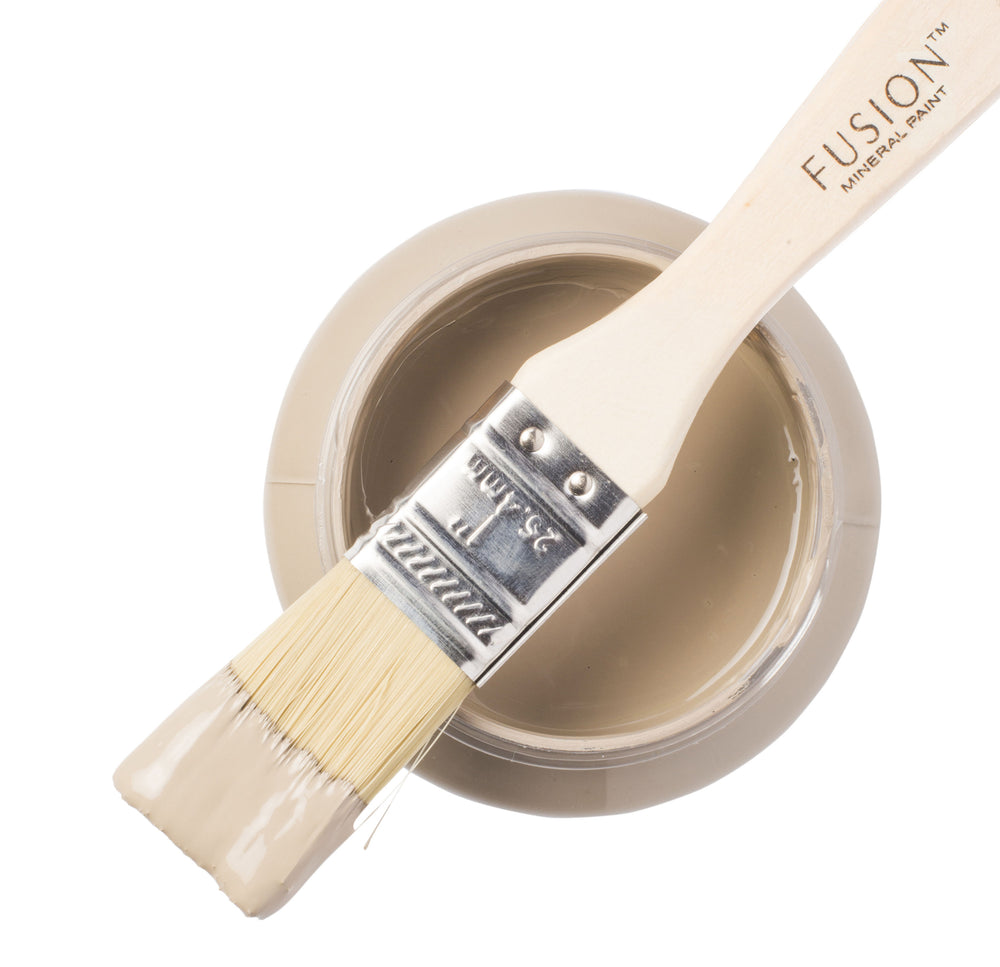 Deep taupe paint can and brush from Fusion Mineral Paint