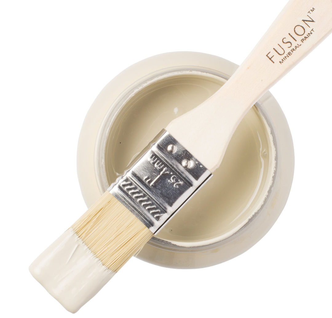 Neutral grey paint can and brush from Fusion Mineral Paint