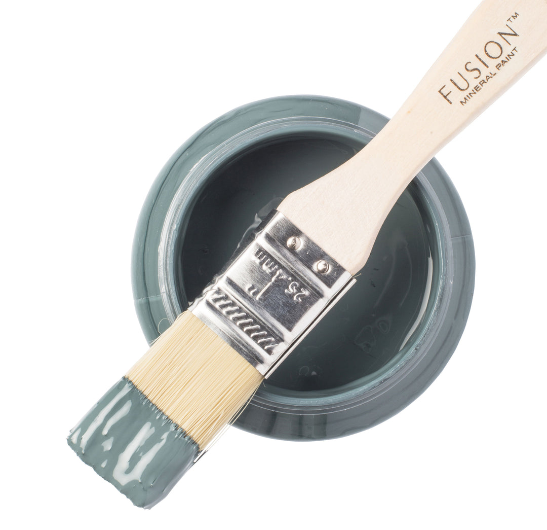 Blue green paint can and brush from Fusion Mineral Paint