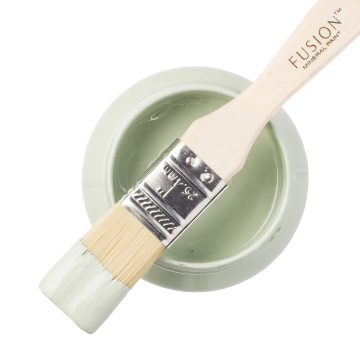 Washed green paint can and brush from Fusion Mineral Paint