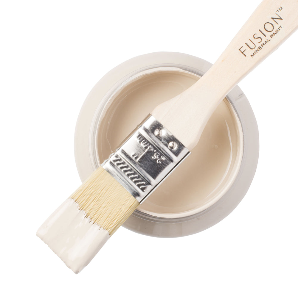 Neutral taupe paint can and brush from Fusion Mineral Paint
