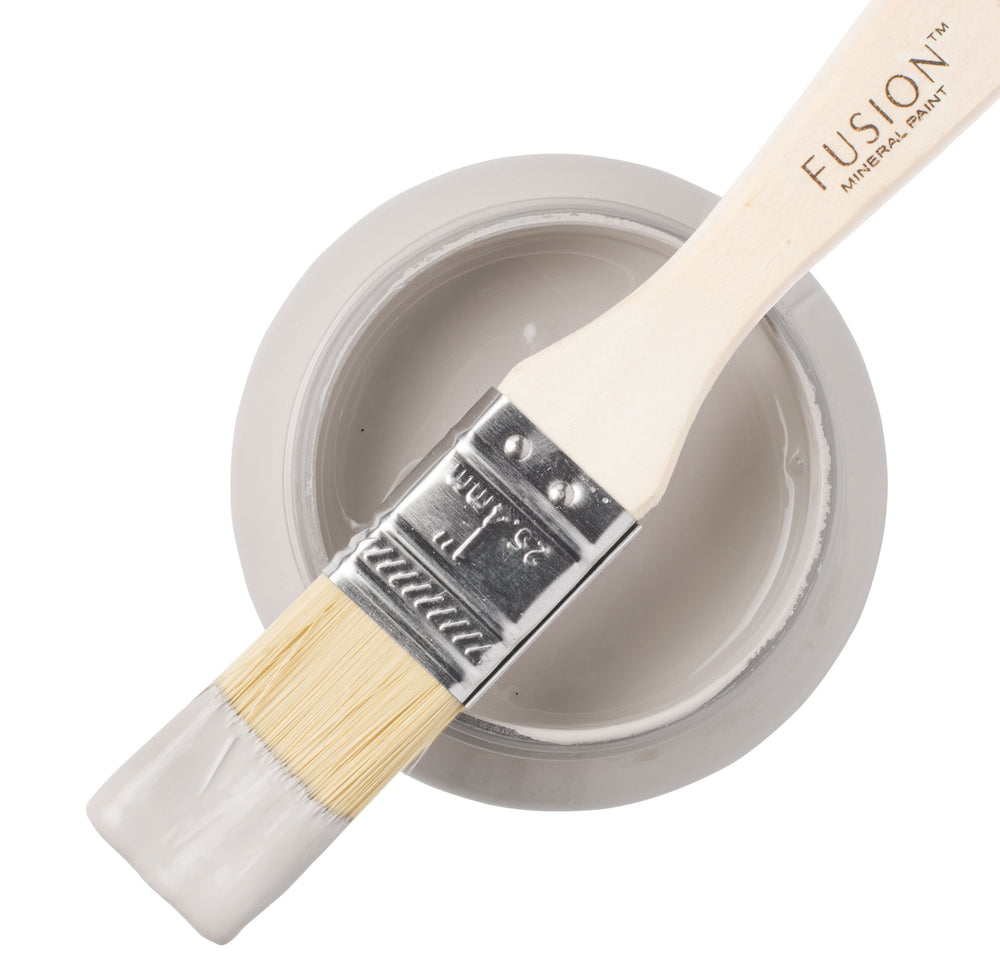 Neutral cream shade paint can and brush from Fusion Mineral Paint