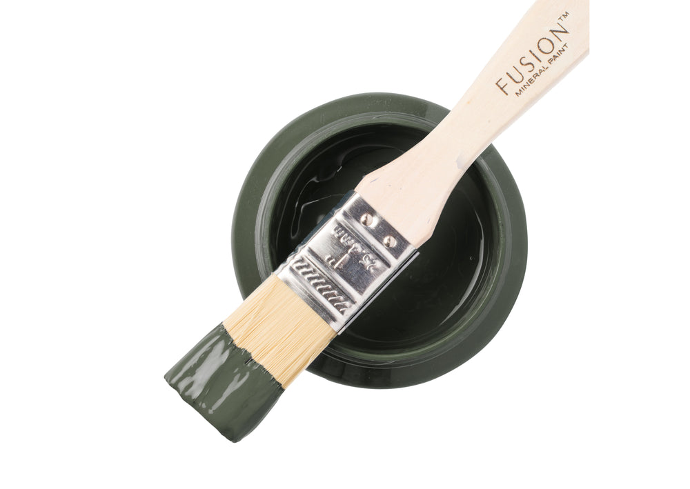 Olive green paint can and brush from Fusion Mineral Paint