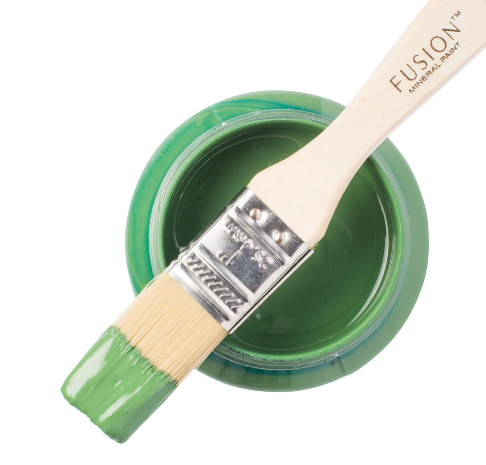 Deep green paint can and brush from Fusion Mineral Paint