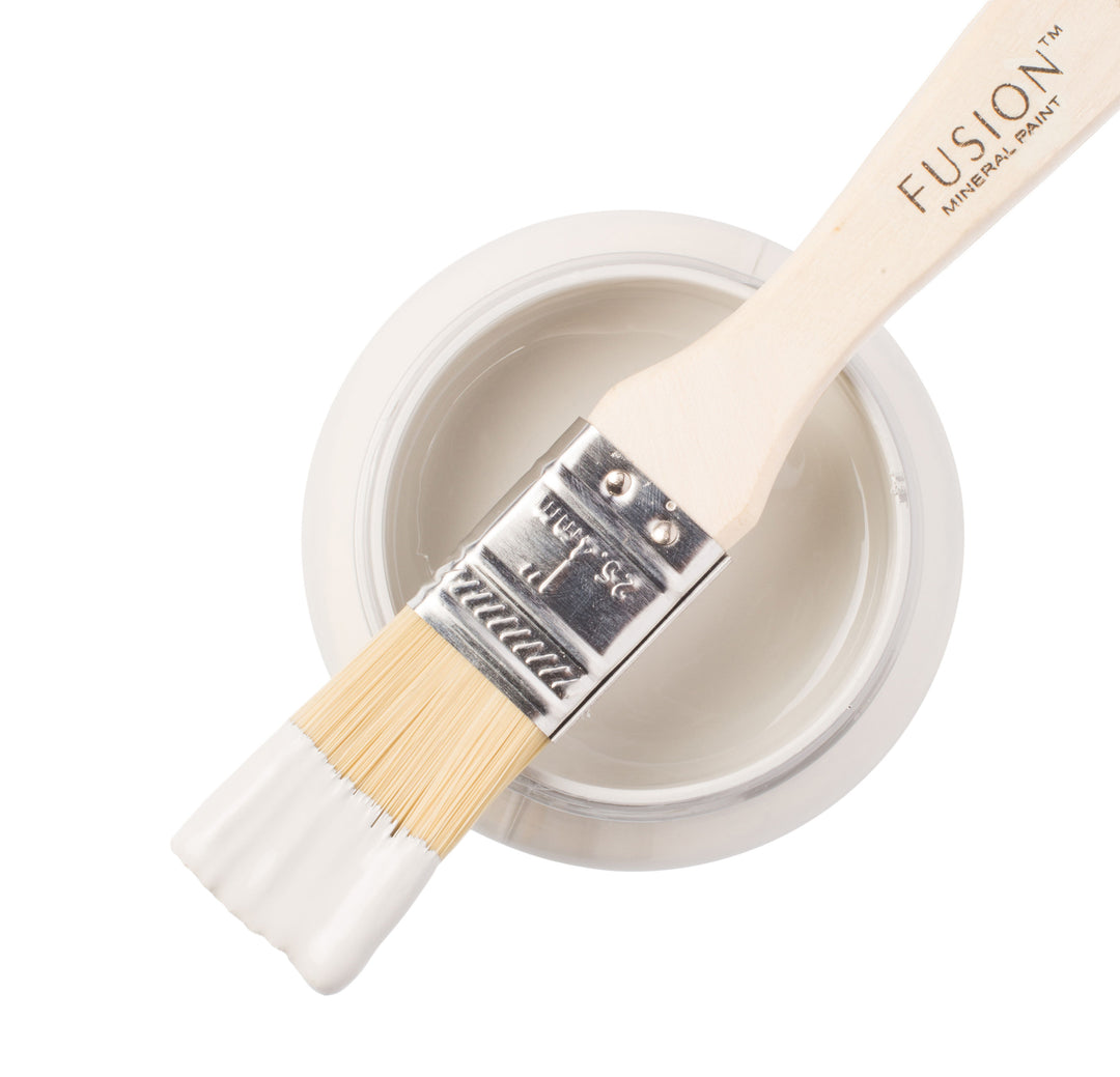 Neutral grey paint can and brush from Fusion Mineral Paint