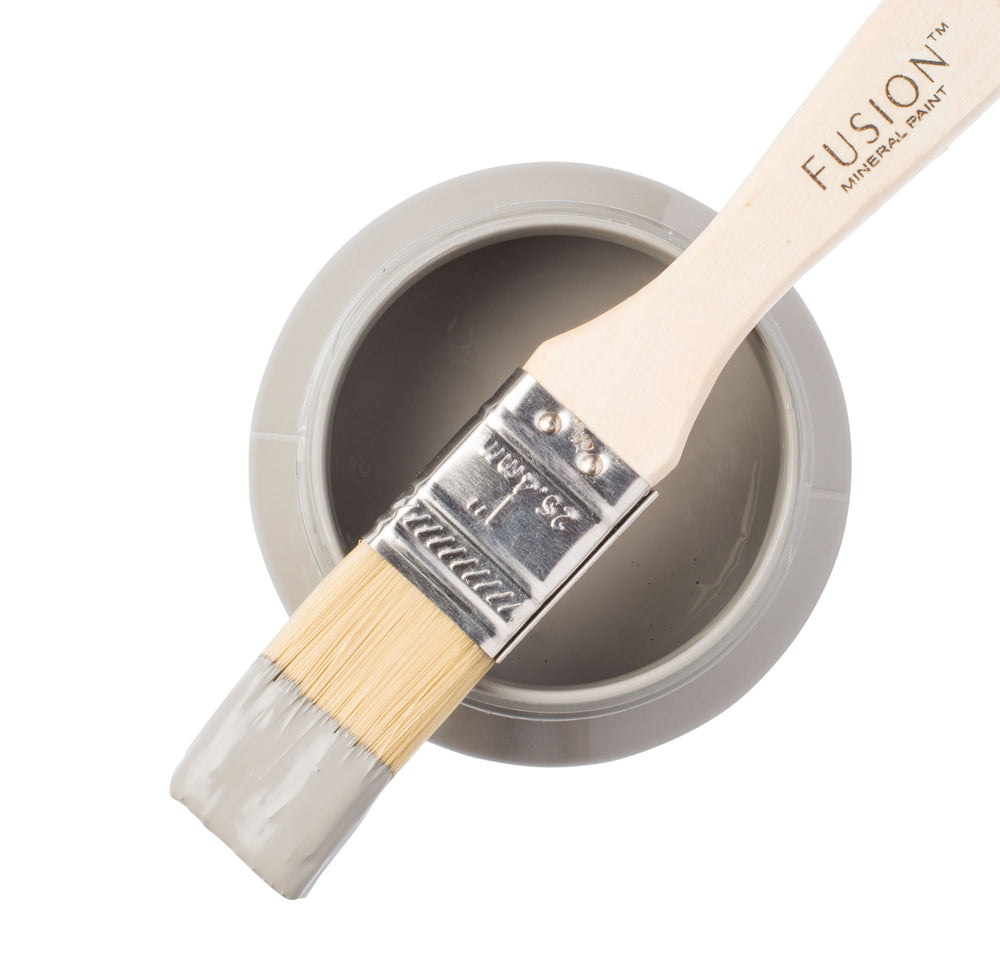 Grey-green paint can and brush from Fusion Mineral Paint